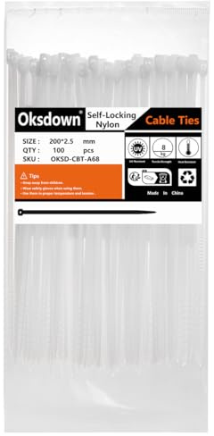 Oksdown 100 Pack White Plastic Cable Ties 200mm×2.5mm Long Nylon Zip Ties Premium Self Locking 8 inch Strong Tie Wraps