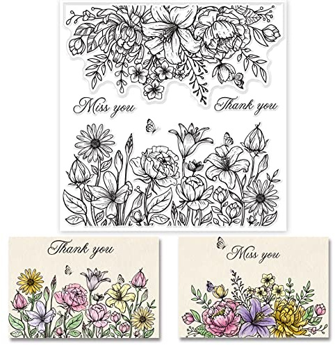 GLOBLELAND Flower Background Clear Stamps Spring Summer Lily Sunflower Butterfly Silicone Clear Stamp Seals for Cards Making DIY Scrapbooking Photo Journal Album Decoration, 15x15cm/6x6inch