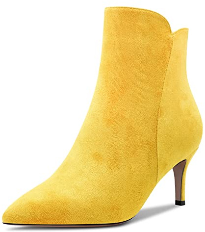 Aachcol Mujer Botines Cerrado el Dedo del pie Puntiaguada Punta Slip-on Aguja Medio Heel Ante Cremallera Amarillo 6 CM 37 EU