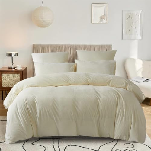 DXHOME Biancheria da letto in pile, 220 x 240 cm, beige, crema, calda, soffice, in pile corallo, con chiusura lampo e 2 federe da 80 x 80 cm