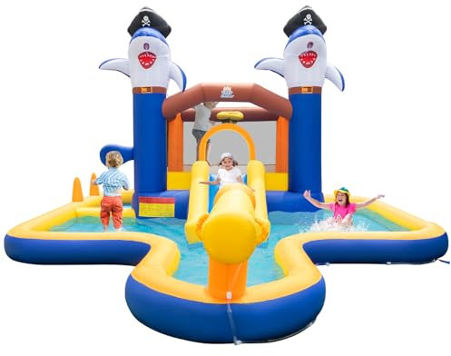 Maxmass 7-in-1 Inflatable Bouncy Castle, Shark-shaped Kids Water Park with Ball Pit, Splash Pool, Boxing & Ring Game, Water Cannon, Jumping Trampoline, Bounce House for 3-10 Years Old