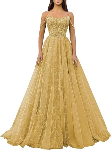 Générique Robe De Bal à Paillettes Scintillantes,Bretelles Spaghetti,en Tulle,Robe De SoiréE Formelle,Ligne A,éPaules DéNudéEs,Robe De SoiréE pour Femmes Gold S