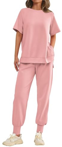 amropi Donna Sportiva Tuta Maniche Corte Maglietta con Spacchi e Pantaloni da Jogging Completo Rosa,L