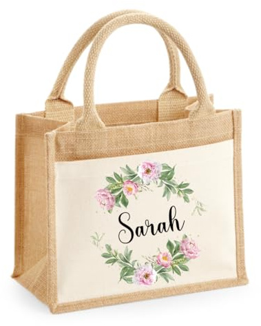 EKAM Personalised Floral Jute Tote Bag with Name - Customisable Large Shopping Bag with Cotton Pocket, Perfect Mother’s Day Gift, Birthdays & More - For Mum, Grandma, Nanny