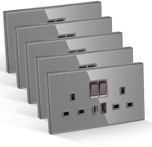 CNBINGO Double Switched Socket with 20W PD USB C and A Fast Charging Ports, Electric Power Sockets 2 Gang 13 Amp, Grey Tempered Glass Panel Wall Outlet, 5 Pack