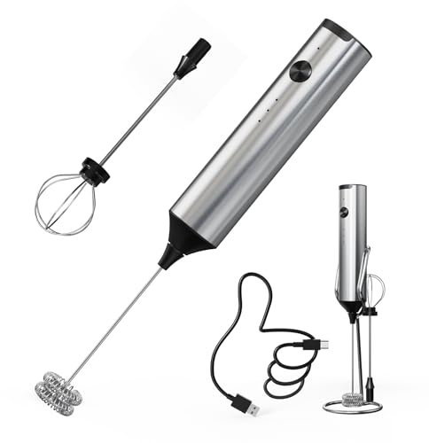 CIRCLE JOY Milchaufschäumer Stab Wiederaufladbar mit 3 Geschwindigkeiten und Standfuß, Milchaufschäumer Elektrisch mit 2 Edelstahl-Schneebesen für Matcha, Heiße Schokolade, Cappuccino