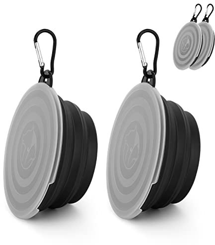 2 cuencos de agua de silicona para gatos y perros, cuenco plegable para mascotas, cuenco portátil para perros con tapas y mosquetón para viajes y camping (negro, pequeño)