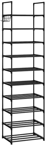 Zapatero Vertical con Ganchos, Estante para Zapatos de Gran Capacidad, Diseño Estrecho y Alto, Organizador Multifuncional para Dormitorio o Vestidor, Fácil Montaje, Color Negro (10 Niveles)