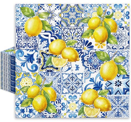 Kotkiddy 20 Unidades de Servilletas de Papel con Diseño de Azulejos de Limón Azul y Amarillo para Fiestas Decoración de Mesa