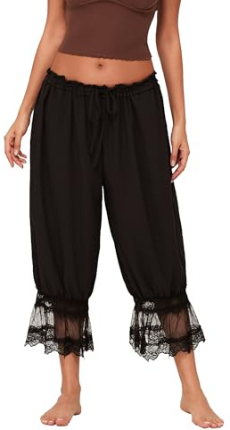Acrawnni Women Lace Long Bloomers Pants Elastic Waist Y2k Ruffle Pettipants Slip Under Dress Cute Pantaloons Pumpkin Pants Pajama Bottoms