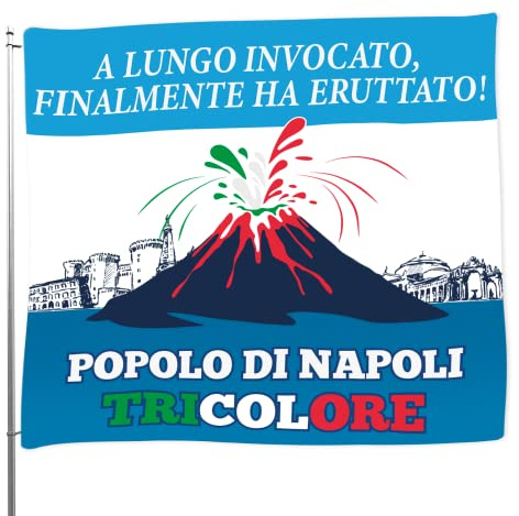 Bandiera 4° Scudetto Popolo di Napoli - Bandiera Vesuvio Erutta 60x60 cm - Gadget 4° Tricolore - Regalo Tifoso Calcio, Senza Asta