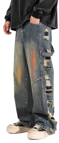 Baggy Jeans Uomo Y2K Streetwear Moda Pantaloni Jean, Vintage Hip Hop Skater Denim, Taglio Dritto Jeans Uomo Larghi