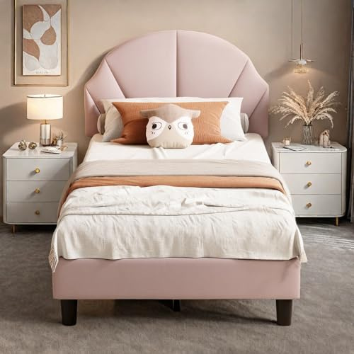 MEXUS Lit Enfant 90x200 cm, lit Simple rembourré avec tête de lit réglable et sommier à Lattes, adapté aux Filles, Adolescentes, Velours Doux pour la Peau, sans Matelas (Rose)