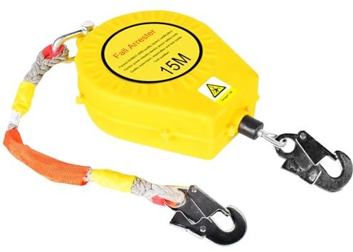 Dispositivo retrattile anticaduta 3, 20 m, autoritrattore, con gancio autobloccante, portatile, protezione dell'altezza, per lavori aerei, capacità 150 kg (giallo, 15 m)