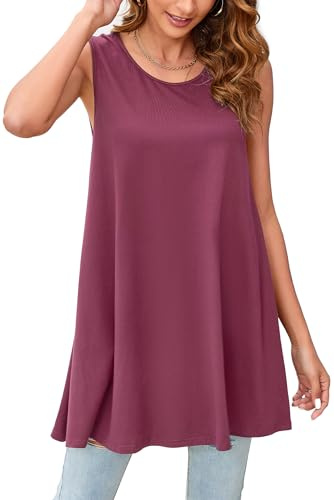 Enmain Long Vest Tops For Women UK Stretch Ladies Sleeveless Tunics Longline Swing Summer Tank Tops For Leggings Plain Casual Loose Blouse Fuchsia Magenta XL