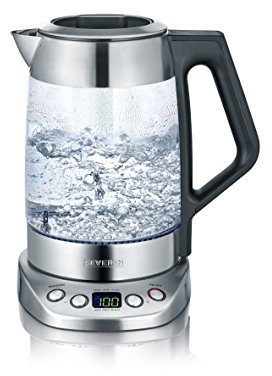 SEVERIN Glas Tee- und Wasserkocher, Teekocher mit einstellbarer Temperatur und Ziehzeit, Glas Wasserkocher mit voreingestellten Teeprogrammen, 3.000 W, Edelstahl, WK 3479