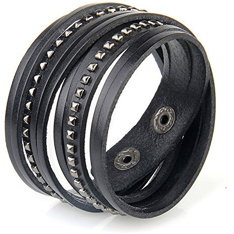 Cheerlife Unisex Nieten Armband Punk Wickelarmband Echt Leder Armreif Vintage Armschmuck (Schwarz)