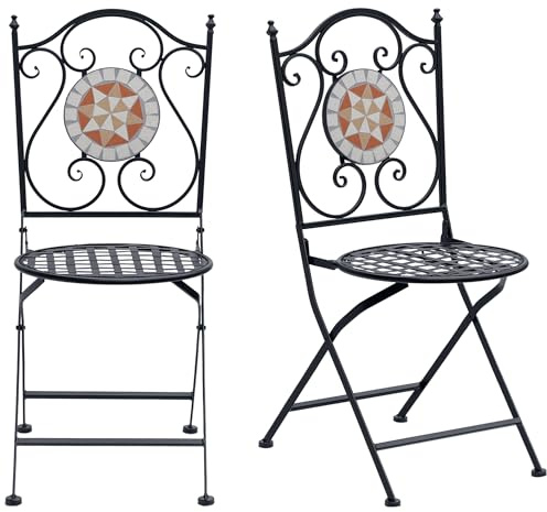 Outsunny Set de 2 Sillas Plegables de Jardín Bistro Silla Asiento Mosaico para Terraza Balcón Metal Carga 120 kg 50x40x94,5 cm Negro
