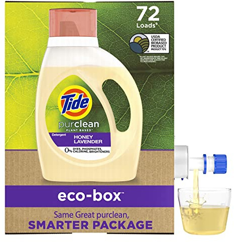 Tide Purclean Plant-Based Epa Safer Choice Natural Laundry Detergent Liquid Soap Eco-Box, Ultra Concentrated High Efficiency (He), 72 Loads