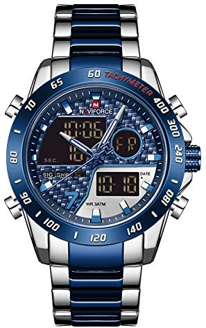 NAVIFORCE Montre à quartz analogique et numérique multifonction pour homme avec chronographe, double fuseau horaire, fonction snooze SIG
