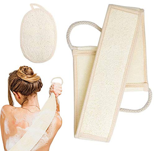 HUYIWEI 2 PCS Épurateur de dos en éponge Loofah,Peeling Set en Loofah et Eponge | Sangle Lave Dos et Pad | utilisée pour les soins du corps, exfoliant pour le dos,anti-pelage