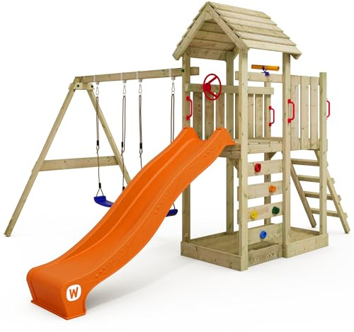 WICKEY Wooden climbing frame MultiFlyer with wooden roof, swing set & orange slide, Outdoor kids playhouse with sandpit, climbing ladder & play-accessories for the garden