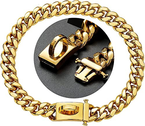 Gold Hundehalsband Halskette, widerstandsfähiges Edelstahl Gold Halsband, Robuste 316L Edelstahl Metallkette, geeignet für kleine, mittlere und große Hunde (Gold-40.64cm/16inch)