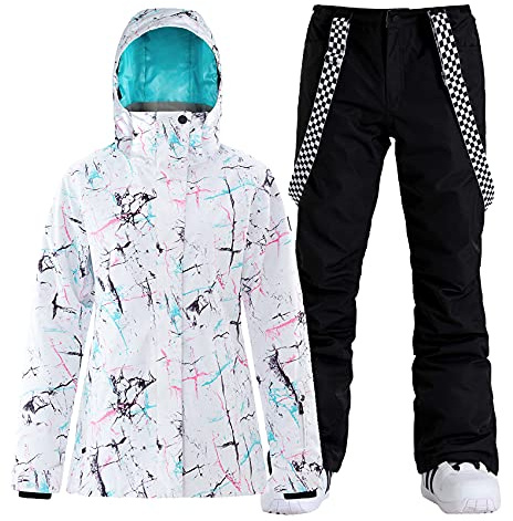 IMPHUT Women's Ski Jackets and Pants Snowboarding Snowsuit Coat Warm Hooded Waterproof Windproof Insulated White Print Black M