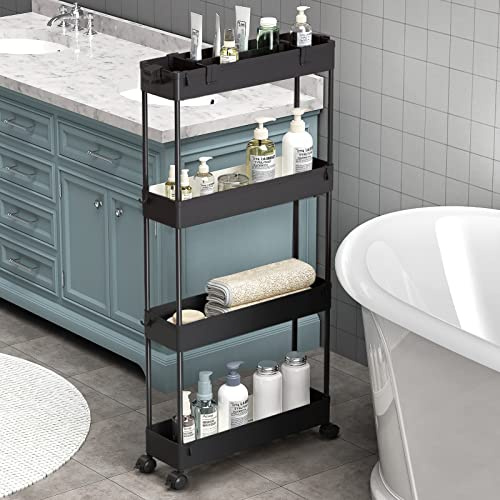 SAKA Slim Storage Cart,4 Tier Bathroom Rolling Utility Cart Storage Organizer Slide Out Cart, Mobile Shelving Unit Organizer Trolley for Office Bathroom Kitchen Laundry Room Narrow Places, Black