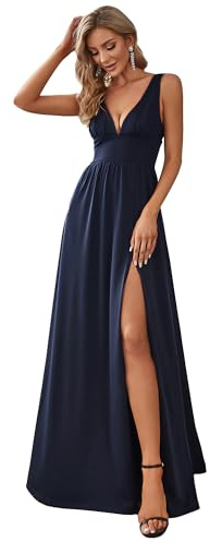 Ever-Pretty Vestito da Sera da Donna Alta Elasticità Scollo a V Linea ad A con Spacco Stile Impero Blu Navy 44