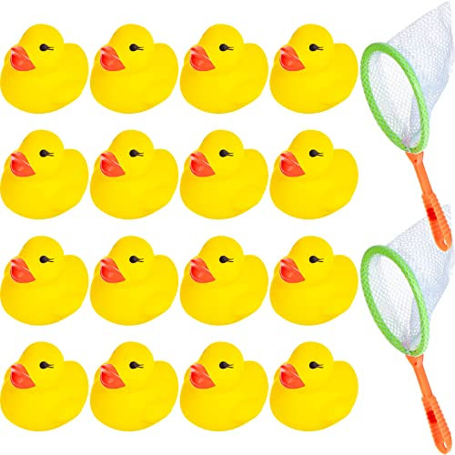 Harrycle 18 Pcs Bath Ducks Set Includes 16 Rubber Mini Ducks with 2 Fishing Net Swimming Pool Supplies Ideal for Party Favor Bag Filler Christmas Funny Bathtub Shower Water Game(Yellow)