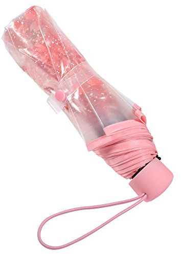 Akozon Mini Kinderschirm, Taschenschirm Ultraleicht Regenschirm Transparent Faltschirm Umbrella Modischer Prinzessinnen-Regenschirme Kirschblüte Rosa