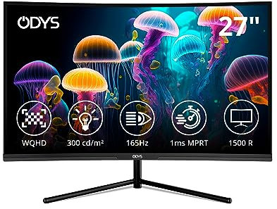 ODYS Q27 - 27 Zoll (69 cm) WQHD Curved Office & Gaming Monitor (2.560x1.440 Pixel, 165 Hz, 1 ms Reaktionszeit (MPRT), 1500R Radius, FreeSync, HDR, Blaulicht Reduktion, HDMI, Display Port, 3,5mm Audio)