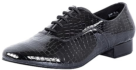 Linodes Men's Latin Dance Shoes 1 Inch Leather Sole Ballroom Salsa Tango Waltz Character Shoe-Black Patent Croco-10M