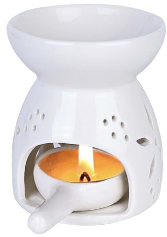 Molbory Duftlampe Keramik, 7 x 9 cm, Duftöl Lampe, Räucherstövchen, Aromalampe, Duftlampen für Ätherische Öle, Weiß, Porzellan, Blumenmuster, Kerze, Teelicht