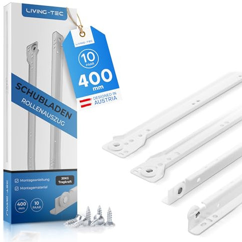 LIVING TEC® Schubladenschienen 400mm - 10 PAAR Rollenauszug Weiß Teilauszug - Leichtgängiger Schubladenauszug - Schubladenauszüge in vielen Größen - Auszugsschienen Stahl 1mm stark - Auszug bis 20kg
