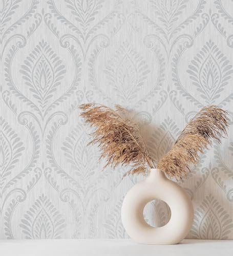 GAULAN 500682389 Papier peint vinyle lavable damassé métallisé en relief sur fond gris clair pour mur salon cuisine bain chambre couloir stanza salle à - Échantillon DIN A4