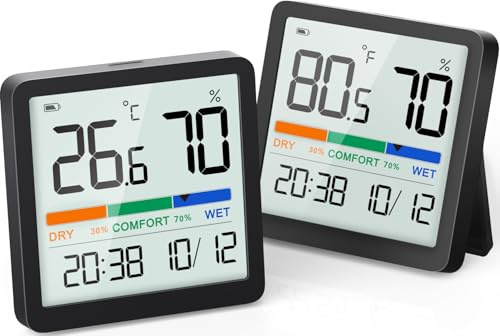 NOKLEAD Termómetro interior del higrómetro, termómetro digital de escritorio con monitor de temperatura y humedad termómetro (2, Negro, 7cm)