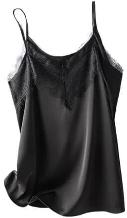 Camis Et Débardeurs Femme - Grande Dentelle Soie Sling Col En V Dentelle Soie Camisole Femmes Base Top Soie Top Femmes Camis Satin Sling Blanc Top Vert Dentelle Top, Noir, Xxl