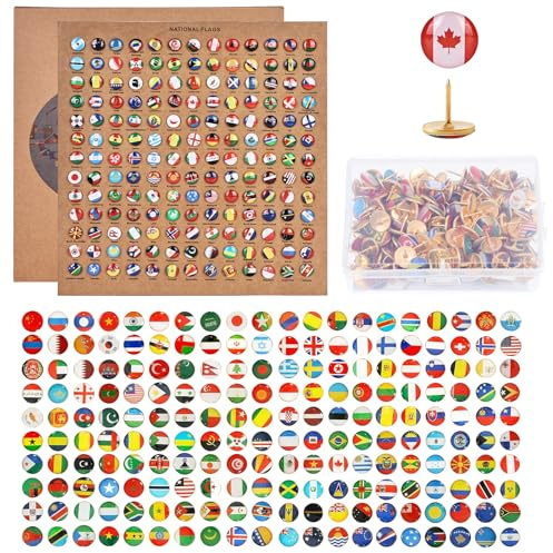 291 pezzi Spilli con bandiera nazionale: LEKEFETO Puntine decorative Puntine per mappa del paese Spilli con tavolette in sughero Puntine push in metallo Spilli creativi per DIY Bulletin Board