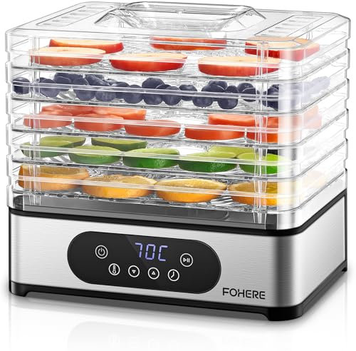 FOHERE Dörrautomat Edelstahl, Dörrgerät mit 5 höhenverstellbaren Tabletts, LED-Anzeige, 420W, 35-70°C, 48h-Timer, für Lebensmittel, Pilze, Früchte, Fleisch, Fisch, Gemüse, BPA frei