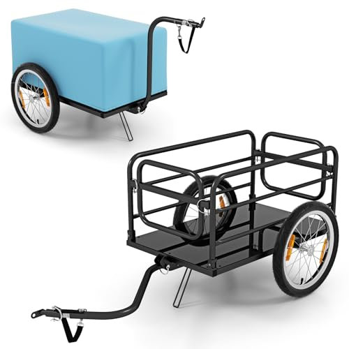 COSTWAY Carrello Cargo per Bicicletta Pieghevole, Rimorchio per Bici con Copertura in Tessuto Oxford e Ruote Pneumatiche con Relfettori, Carrello per Bici con Portata di 55 kg, 145,5 x 61 x 58 cm