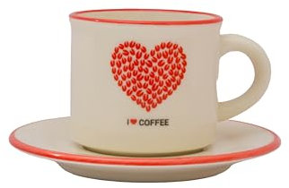 CER-POR Set Tazzine Caffe Con Piattino In Porcellana Turca, Tazzine Da Caffè Particolari Colorate Con Decori Originali, Set Da 2. (Cuore chicchi rossi)