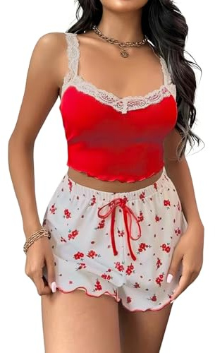 Women’s Pyjama Set 2 Piece Cami Top + Floral Shorts, Lace Trim Sweet V-Neck Pj Sets Sexy Backless Sleepwear Cute Nightwear Loungewear Y2K Sleeveless Homewear (UK, Alpha, S, Regular, Regular, Red)