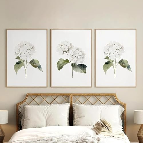 Vit elfenbensvit hortensior väggkonst, neutrala botaniska blommor akvarell canvastavlor för modern väggdekoration (70x100cm/3 st ramlösa)