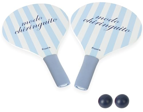 Fisura – Set racchette da spiaggia “Modo chiringuito”. Racchette da beach tennis in legno bianco e blu con borsa a rete. 2 palline incluse.