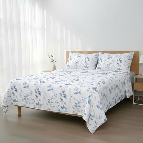 H HANSEL HOME Juego de Sábanas Cama 150, Juego Sábanas 150x190/200cm 4 Piezas, Microfibra Extra Suave, Sábanas Bajera Ajustable, Encimera, 2 Fundas de Almohada - Hojas Azul Pastel