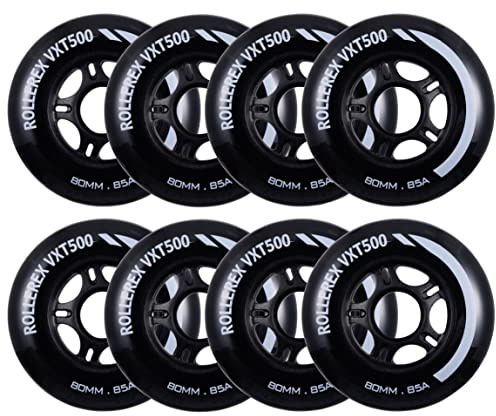 Rollerex VXT500 Inline Skate Wheels 8-Pack - 85A Durable Roller Blade Wheels for Indoor & Outdoor Skating - Fits Standard 608 Bearings (Steel Black, 72mm)