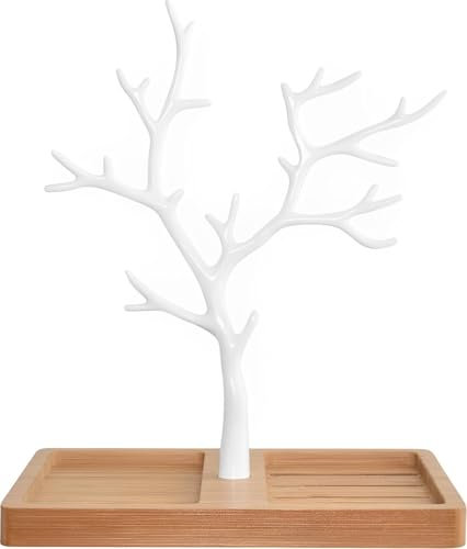 Smyckesträd i vitt guld, vit smyckeshållare, svart smyckesställ, smyckesförvaring i roséguld, lägenhetsdekoration, dekoration i aluminiummetall (Furo – vit bambu)