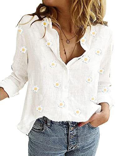 Livonmone Women's Blouse Casual Long Sleeve Shirts V Neck Button Down Basic Loose Tunic Tops (White-2, XL)